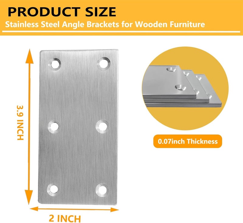 Evadow 40Pcs Stainless Steel Flat Bracket Mending Plate, 4"x2" Bracket Joining Plate, Heavy Duty Metal Repair Fixing Joining, Flat Brace Right Angle for Wood Furniture Cabinet Shelves - Image 2
